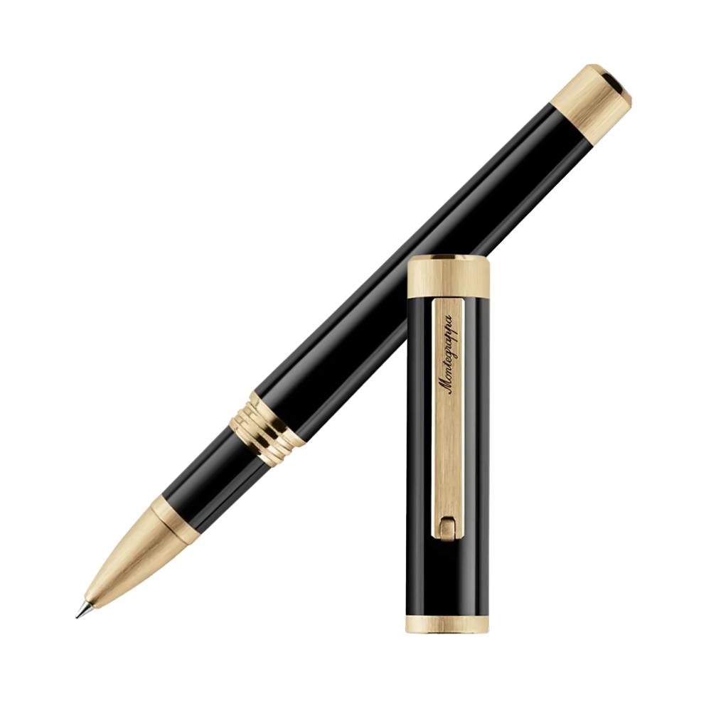 Ein schwarzer Rollerball-Stift mit goldenen Akzenten, schräg positioniert.