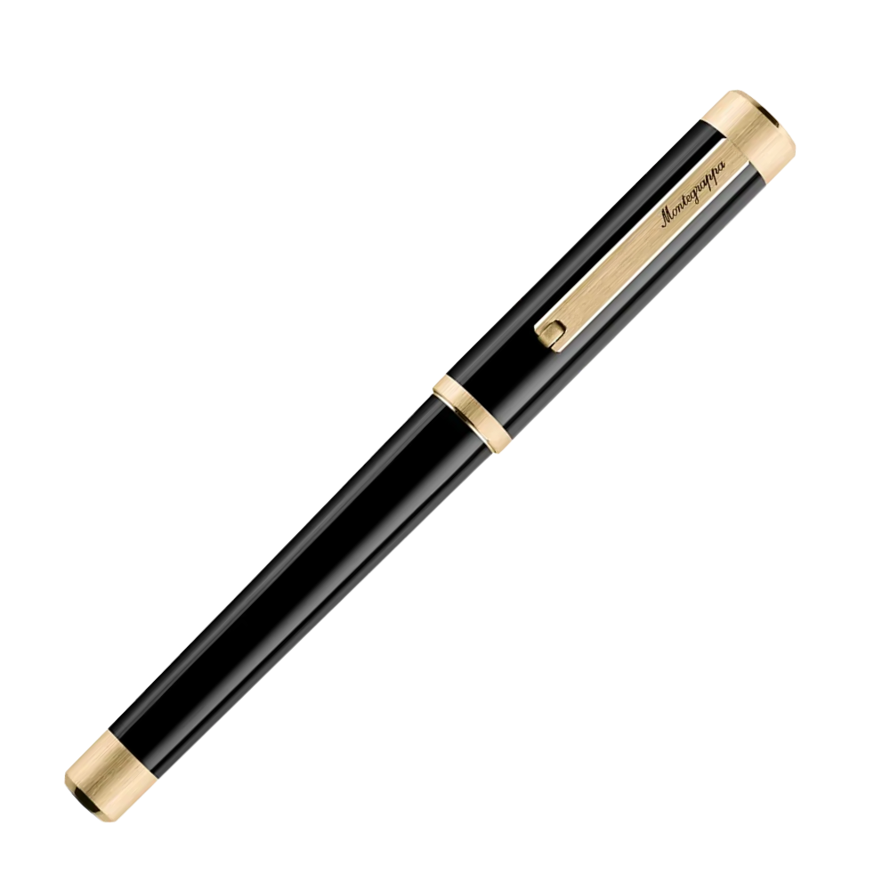 Der schwarze Rollerball-Stift in voller Ansicht mit goldenen Akzenten und Kappe.
