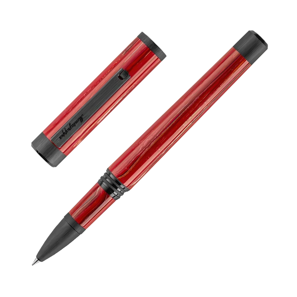 Zwei rote Rollerball-Stifte nebeneinander, elegant präsentiert mit schwarzen Akzenten.