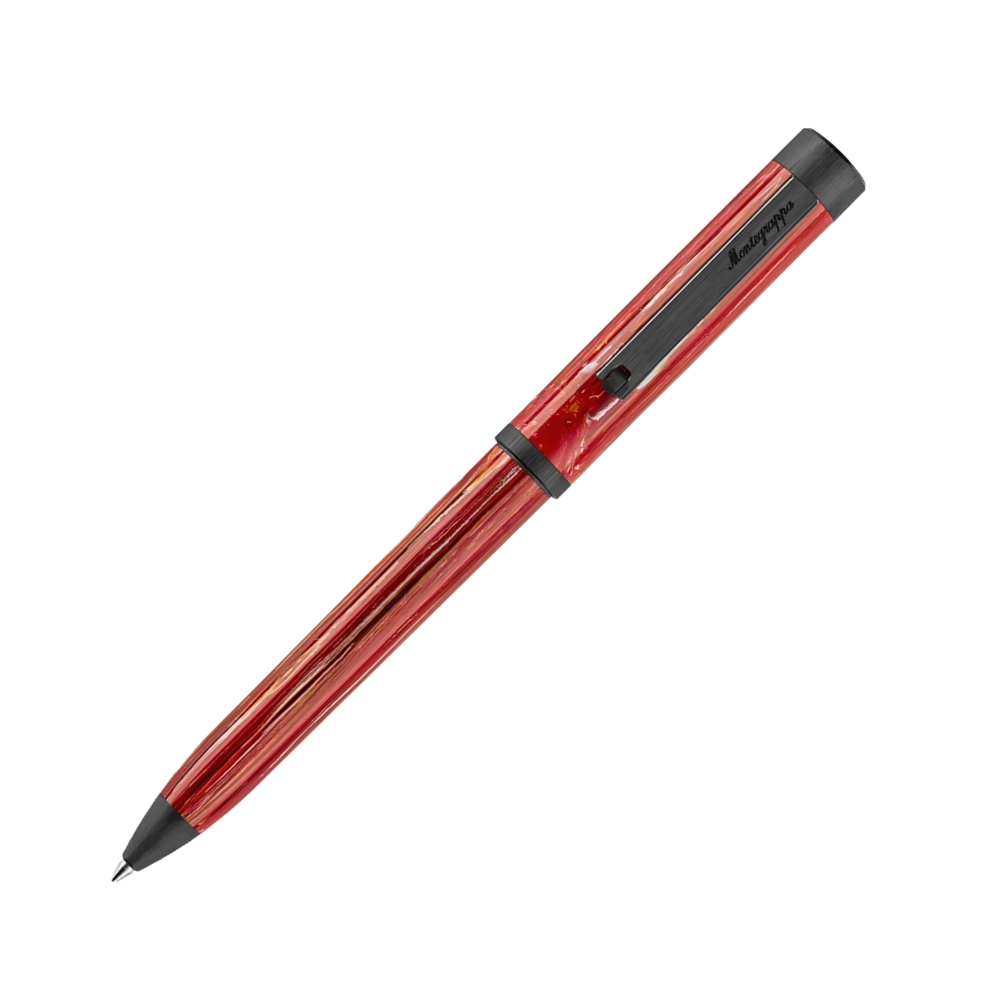 Ein roter Rollerball-Stift mit schwarzen Akzenten, in voller Ansicht.