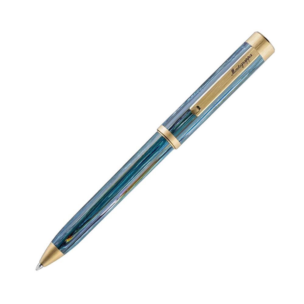 Ein blauer Rollerball-Stift mit goldenen Akzenten, in voller Ansicht.
