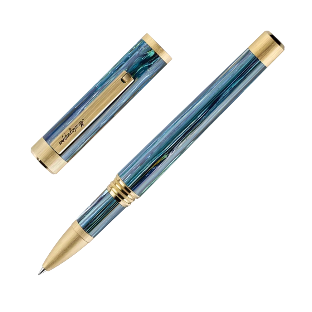 Zwei blaue Rollerball-Stifte nebeneinander, elegant präsentiert mit goldenen Akzenten.