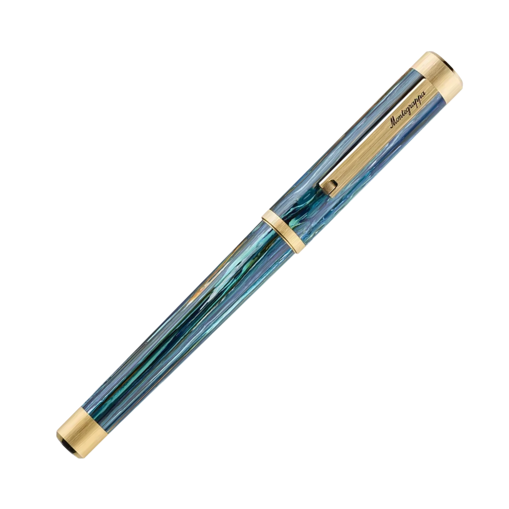 Der blaue Rollerball-Stift in voller Ansicht, mit goldenen Akzenten und Kappe.