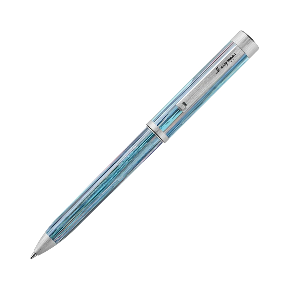 Ein blauer Rollerball-Stift mit silbernen Akzenten, in voller Ansicht.