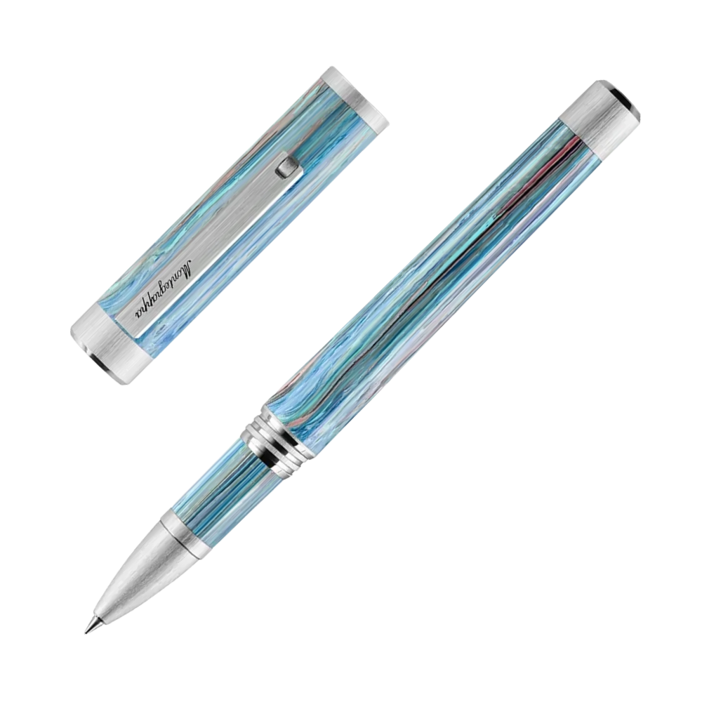 Zwei blaue Rollerball-Stifte nebeneinander, elegant präsentiert mit silbernen Akzenten.