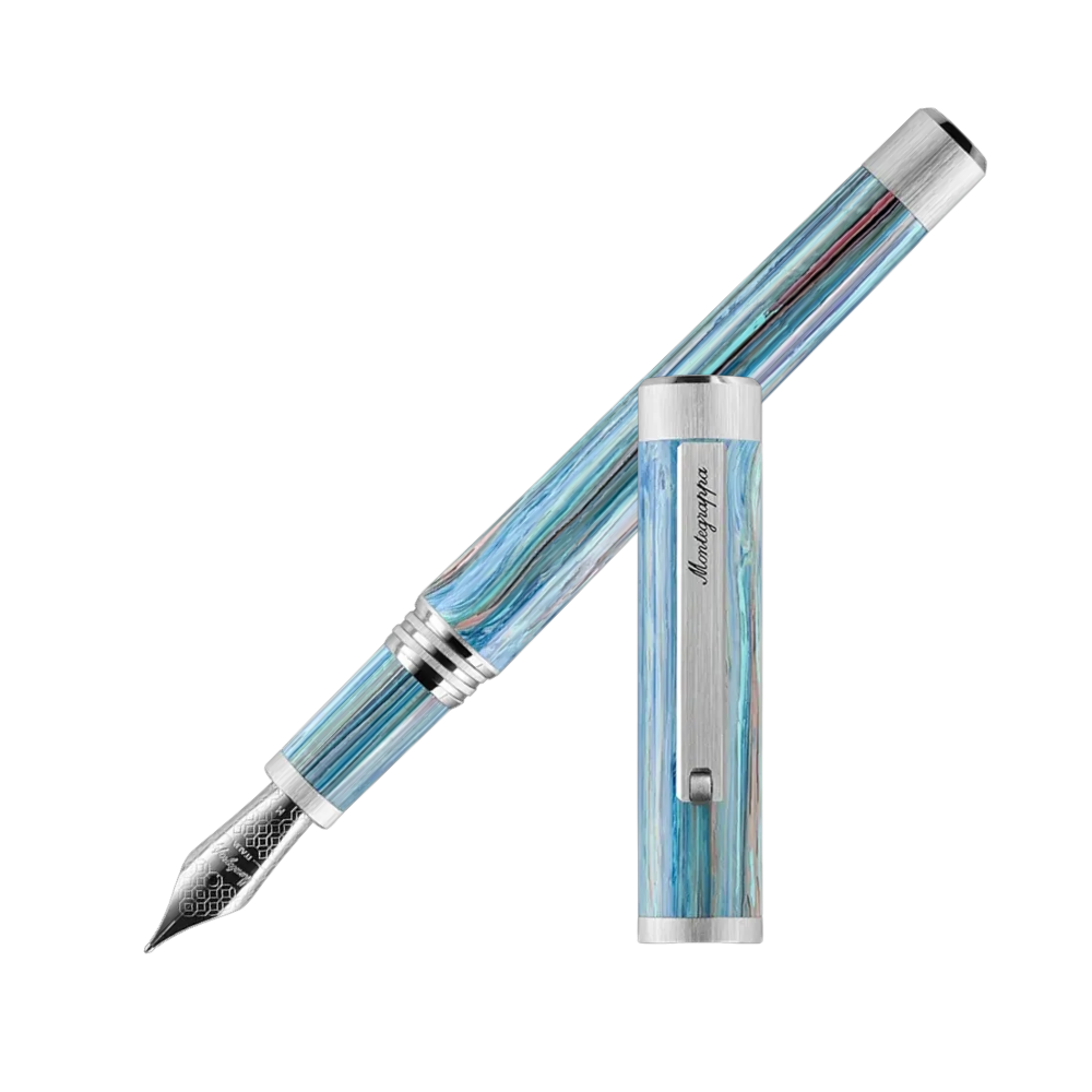 Montegrappa Zero Zodiac Taurus Palladium IP Steel Fountain Pen, front view showcasing the nib and light blue resin design with palladium-plated trim.