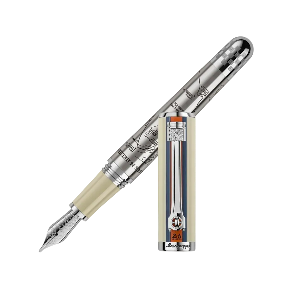 Montegrappa 24H Heritage Fountain Pen with unique design featuring silver barrel and cream-colored details, commemorating the 24-hour race.