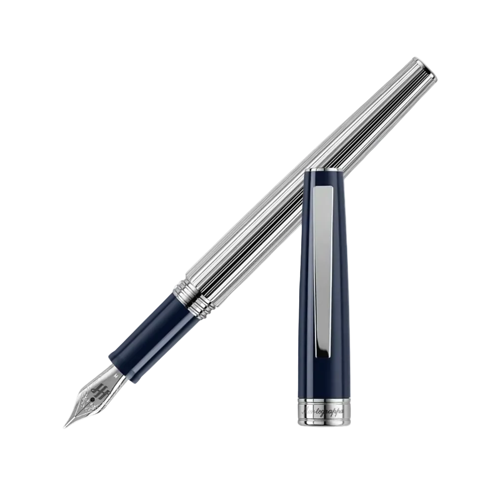 Montegrappa Fountain Pen in deep navy with striped silver trim, a luxurious and refined design.