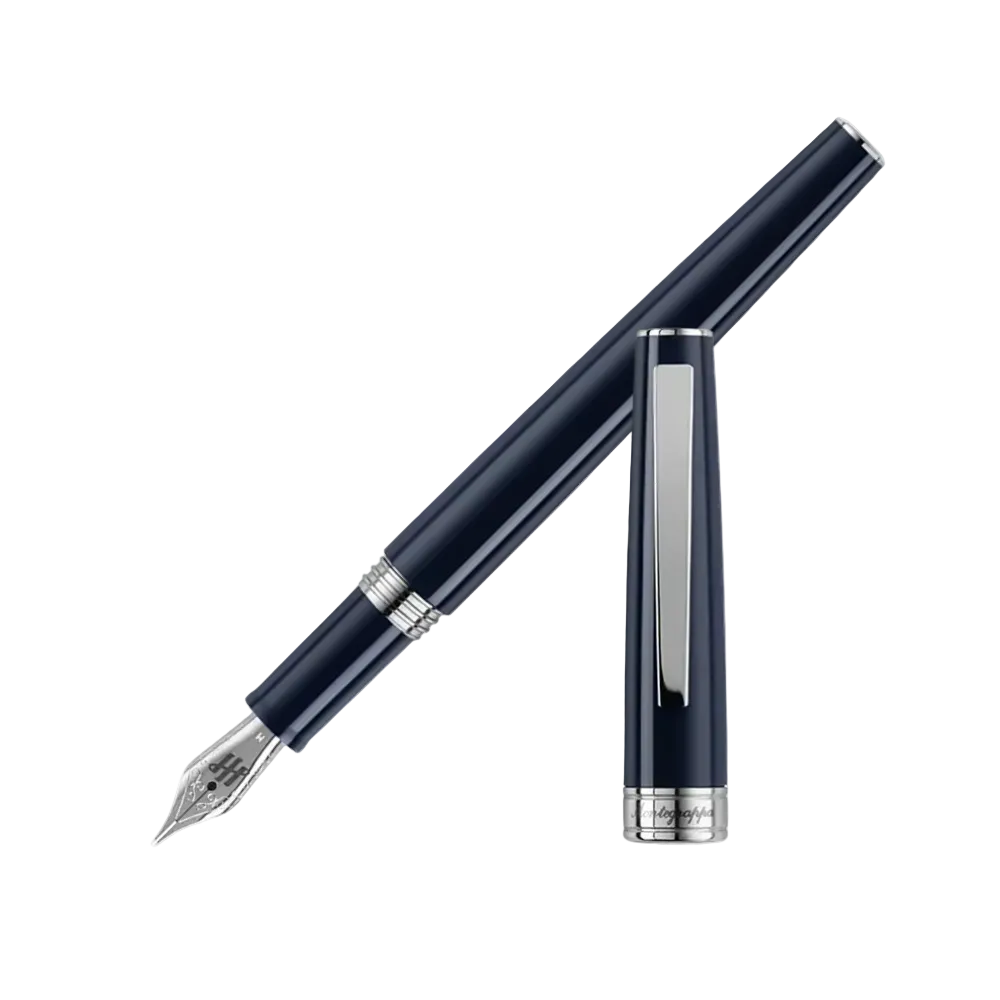 Montegrappa Fountain Pen in deep navy blue with sleek design and silver accents.