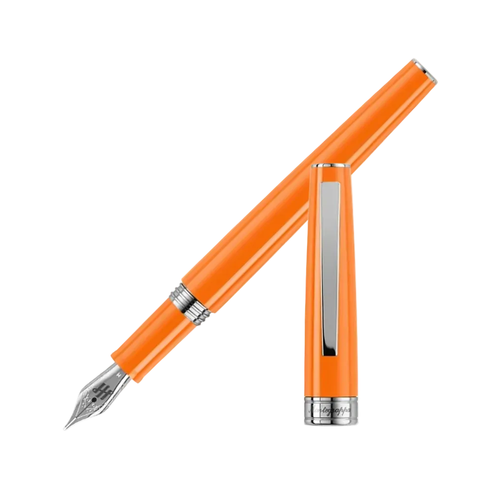 Montegrappa Fountain Pen in vibrant orange with sleek design and silver accents.