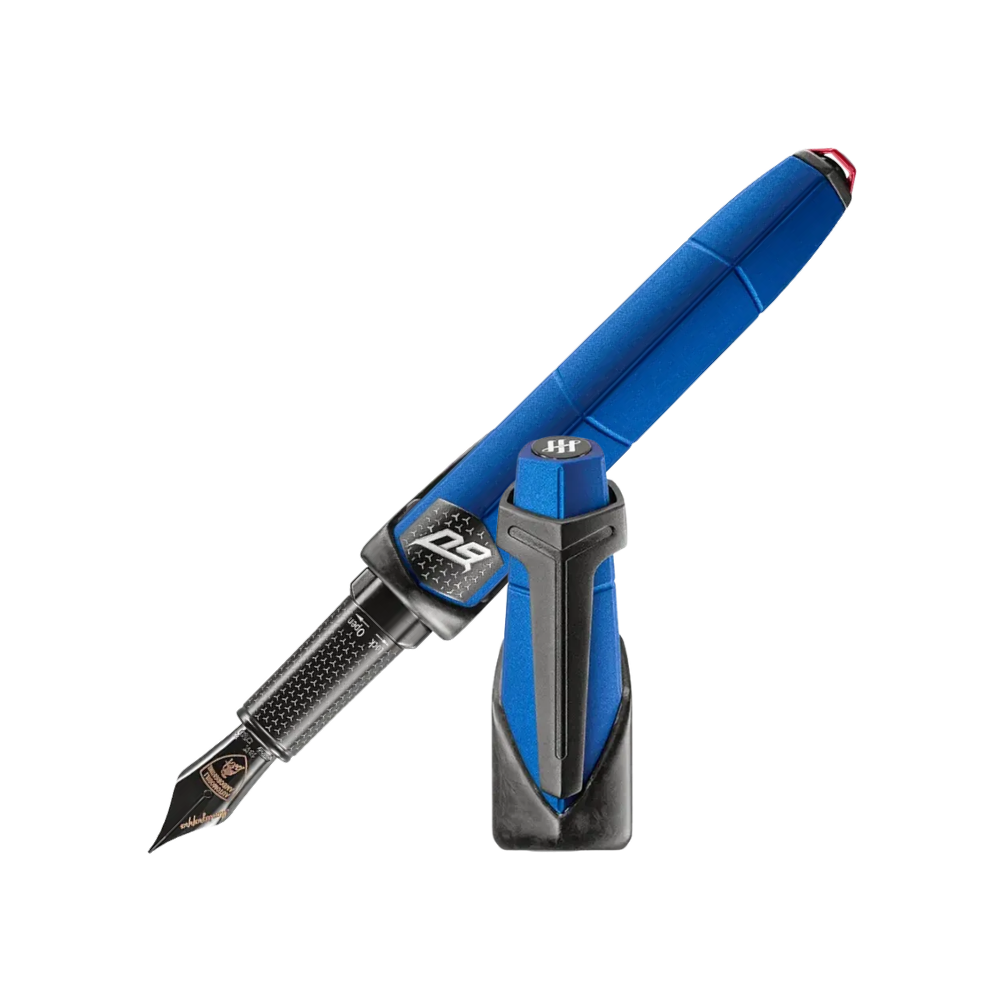 Montegrappa Automobili Lamborghini 60° Füllfederhalter mit schwarzem Aluminiumgehäuse und Carbonfaser-Akzenten.