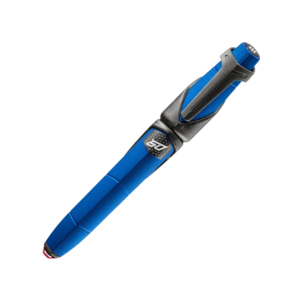 Montegrappa Automobili Lamborghini 60° Blu Aegeus Rollerball Pen with vibrant blue aluminum body and carbon fiber accents.