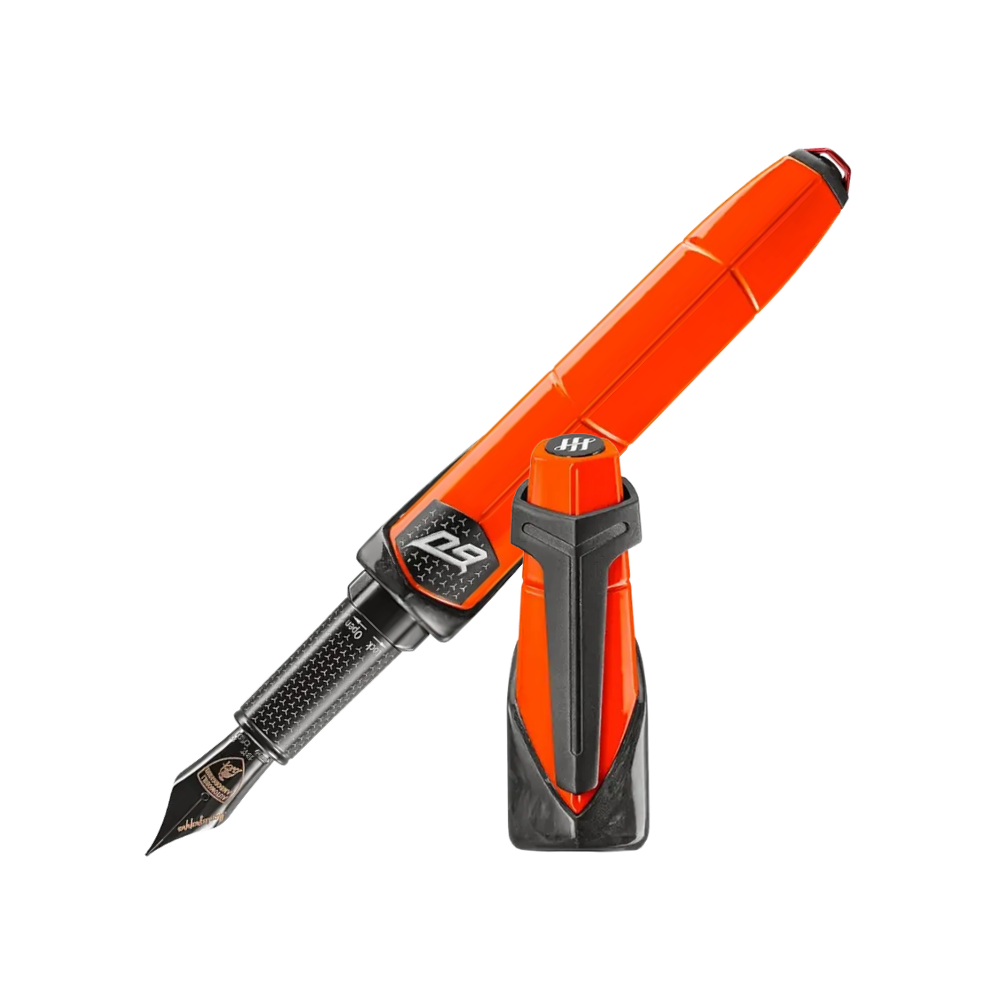 Montegrappa Automobili Lamborghini 60° Füllfederhalter mit schwarzem Aluminiumgehäuse und Carbonfaser-Akzenten.