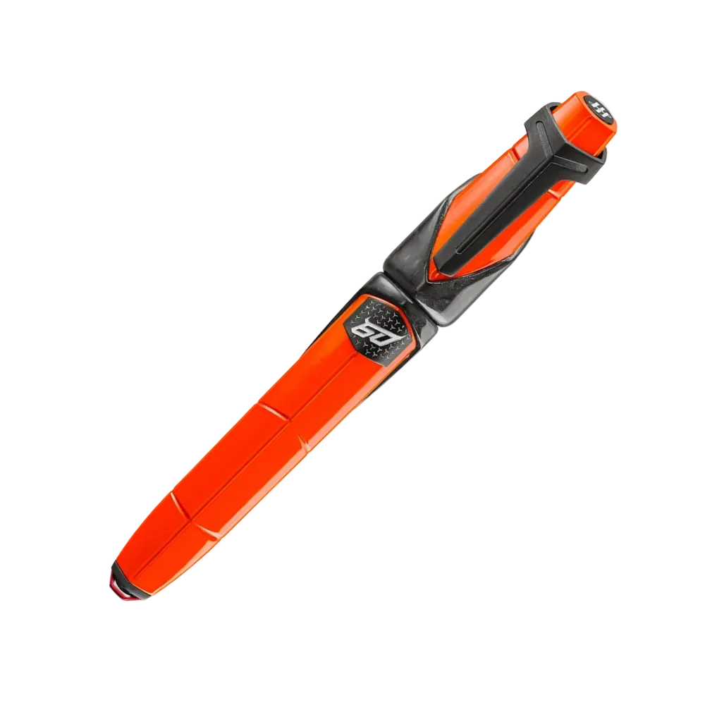 Close-up view of the Montegrappa Automobili Lamborghini 60° Arancio Apodis Rollerball Pen, highlighting the vibrant orange design and anodized titanium trim.