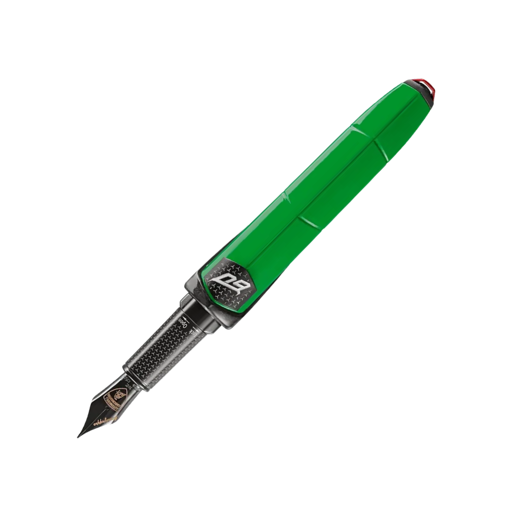 Side view of the Montegrappa Automobili Lamborghini 60° Bianco Siderale Füllfederhalter, emphasizing its polished finish and carbon fiber details.