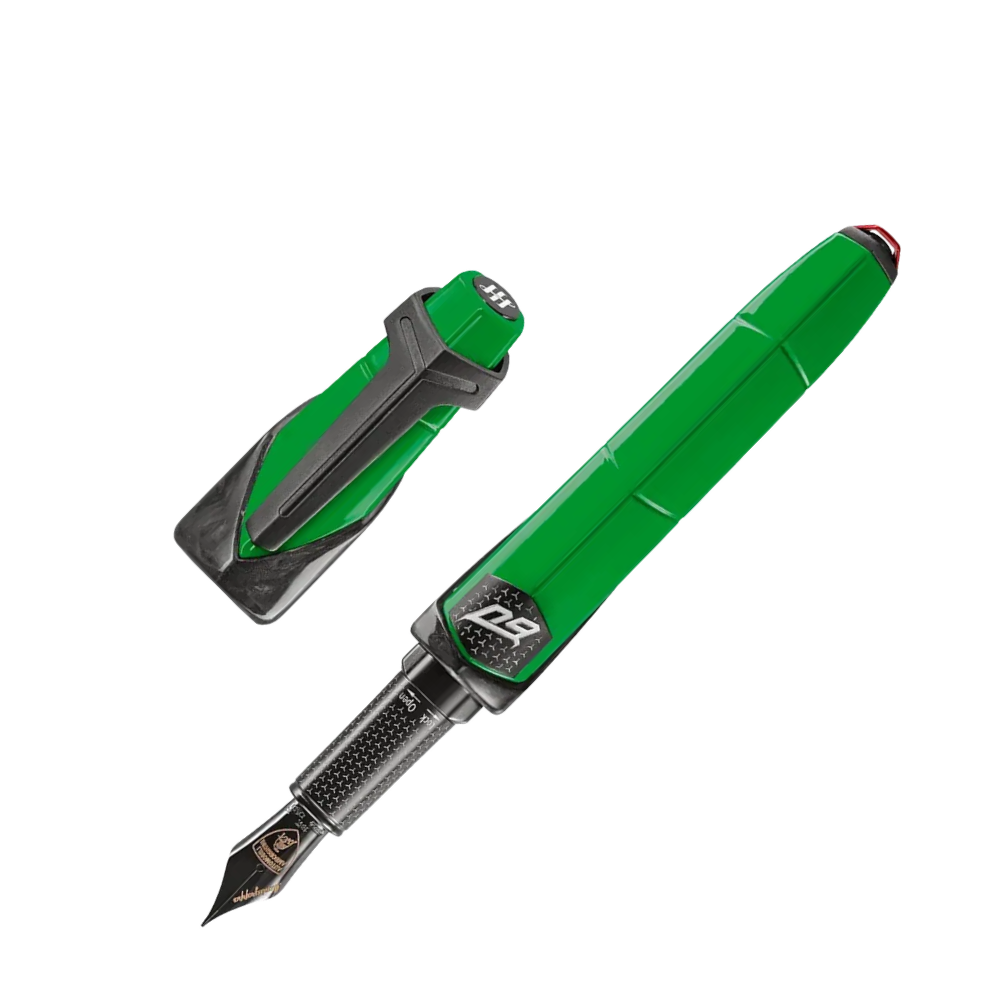 Side view of the Montegrappa Automobili Lamborghini 60° Bianco Siderale Füllfederhalter, emphasizing its polished finish and carbon fiber details.