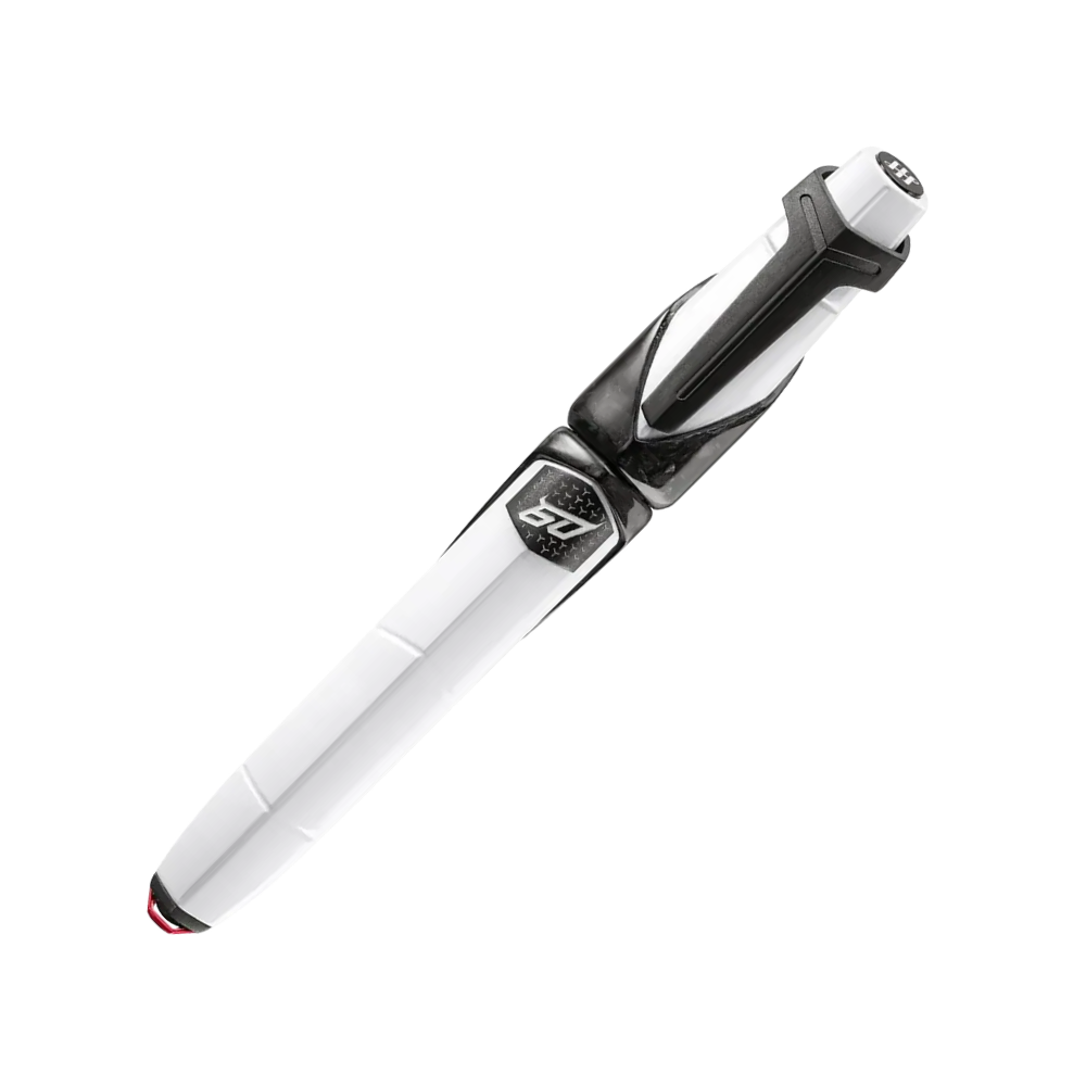 Close-up of the Montegrappa Automobili Lamborghini 60° Bianco Siderale Rollerball Pen, showcasing its polished chrome accents and modern design.