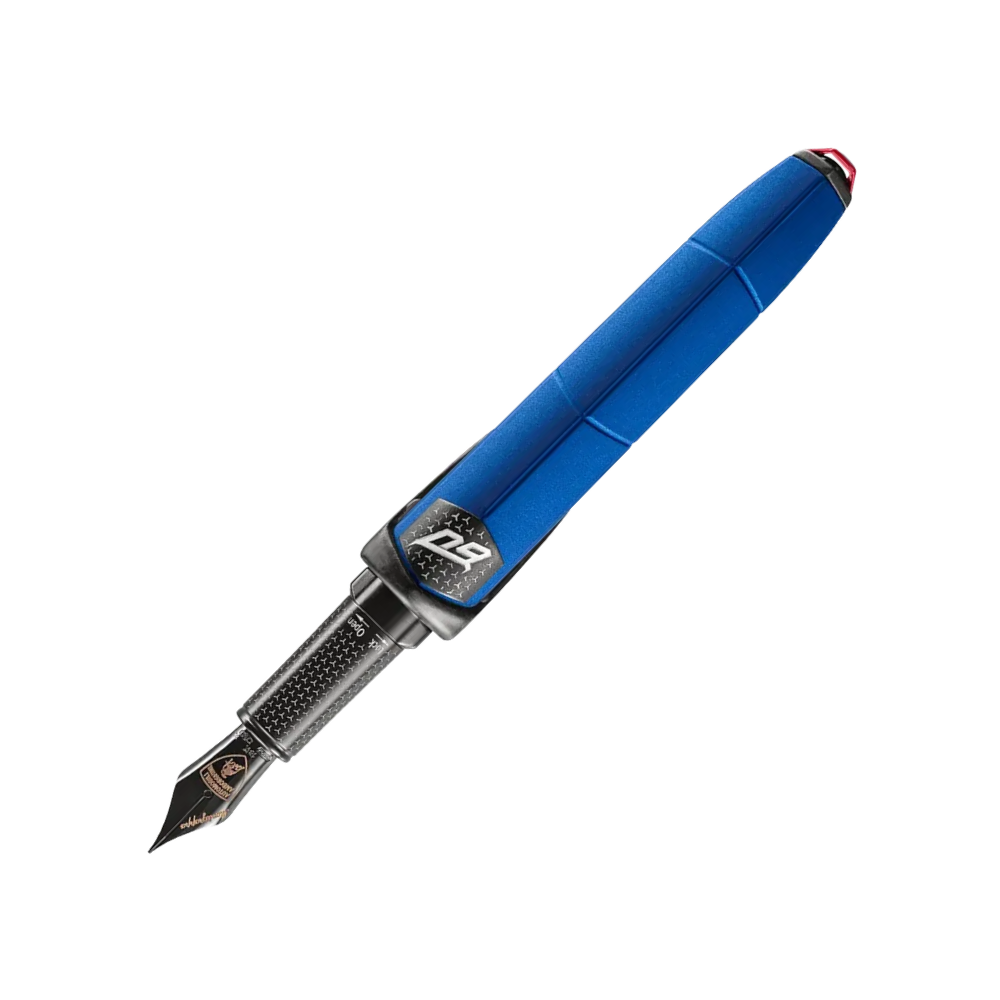 Side view of the Montegrappa Automobili Lamborghini 60° Bianco Siderale Füllfederhalter, emphasizing its polished finish and carbon fiber details.