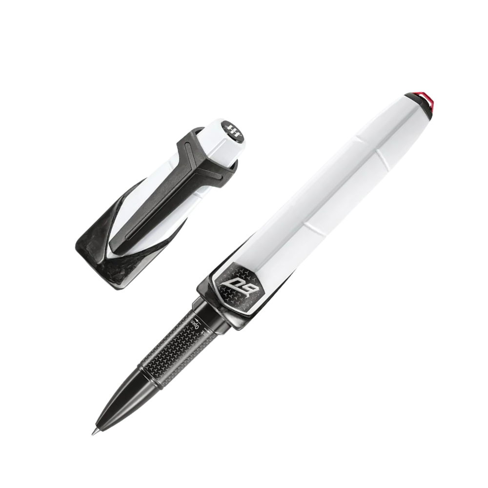 Montegrappa Automobili Lamborghini 60° Bianco Siderale Rollerball Pen displayed in premium packaging, highlighting its luxury materials.