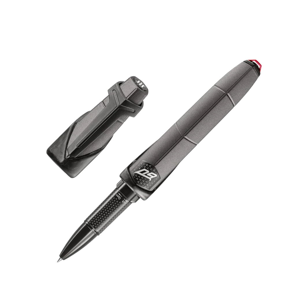 Side view of the Montegrappa Automobili Lamborghini 60° Grigio Titans Rollerball Pen with its ergonomic design and forged carbon details.