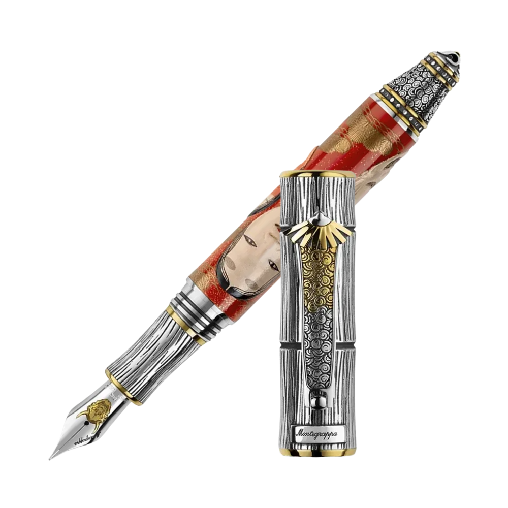 Montegrappa Kitcho Noh Masks Füllfederhalter, kunstvolles Design aus Resin, Emaille und Sterlingsilber.