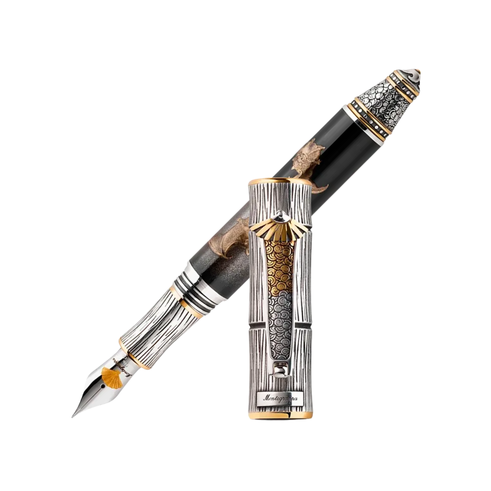 Montegrappa Füllfederhalter in edlem Muster aus Edelharz und Edelstahl, mit hochwertiger 18k Goldfeder.