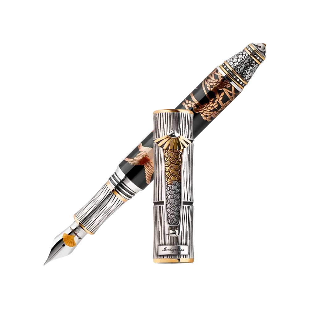 Montegrappa Füllfederhalter, einzigartiges Kunstharzdesign mit Edelstahlverzierungen und 18k Goldfeder.