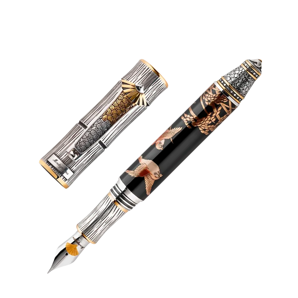 Side view of the Montegrappa Kitcho Sparrow Füllfederhalter, featuring sterling silver accents and a beautifully detailed resin barrel.