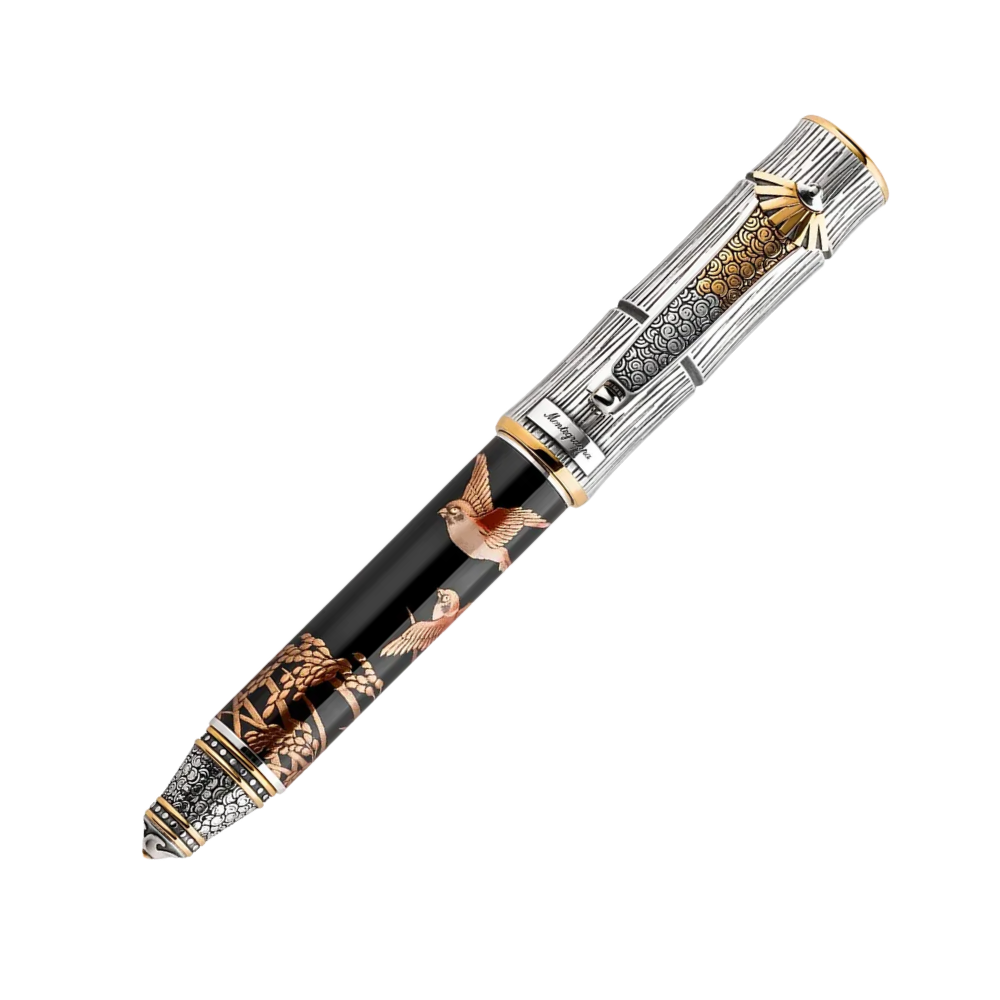 Montegrappa Kitcho Sparrow Füllfederhalter with intricate resin design and sterling silver trim, showcasing elegant craftsmanship.