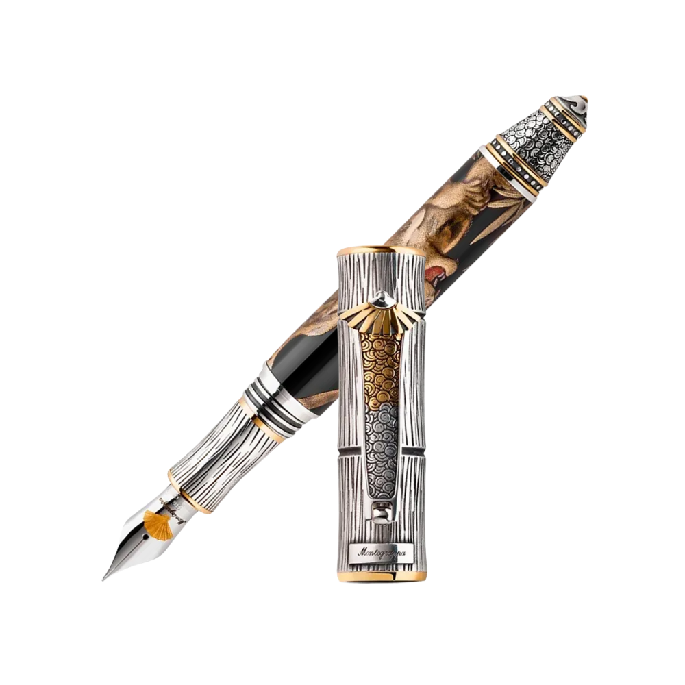 Montegrappa Füllfederhalter mit glänzendem Edelharz und edlen Metallakzenten, inklusive 18k Goldfeder.