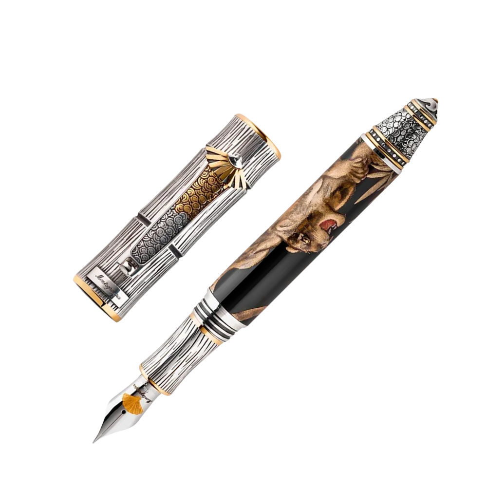Side view of the Montegrappa Kitcho Tiger Füllfederhalter, featuring polished sterling silver accents and a beautifully detailed resin barrel.