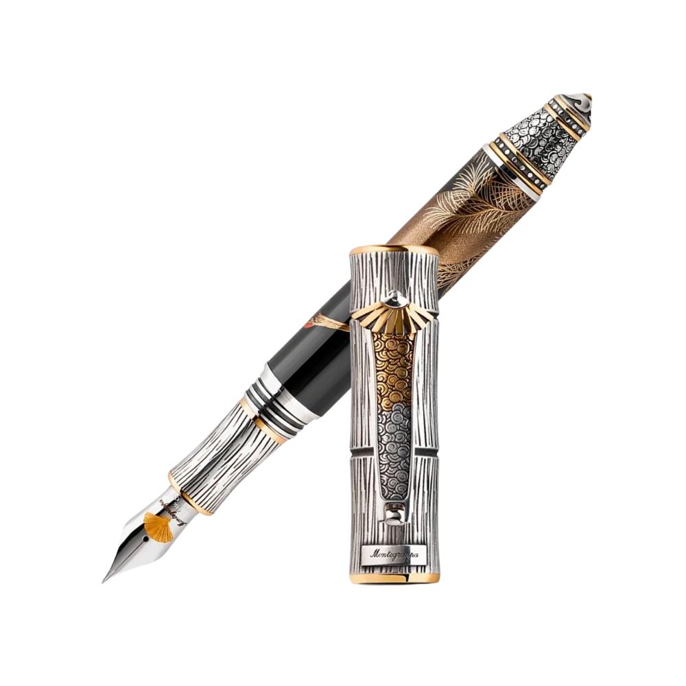 Montegrappa Füllfederhalter aus Kunstharz und Edelstahl, mit luxuriösem Design und 18k Goldfeder.