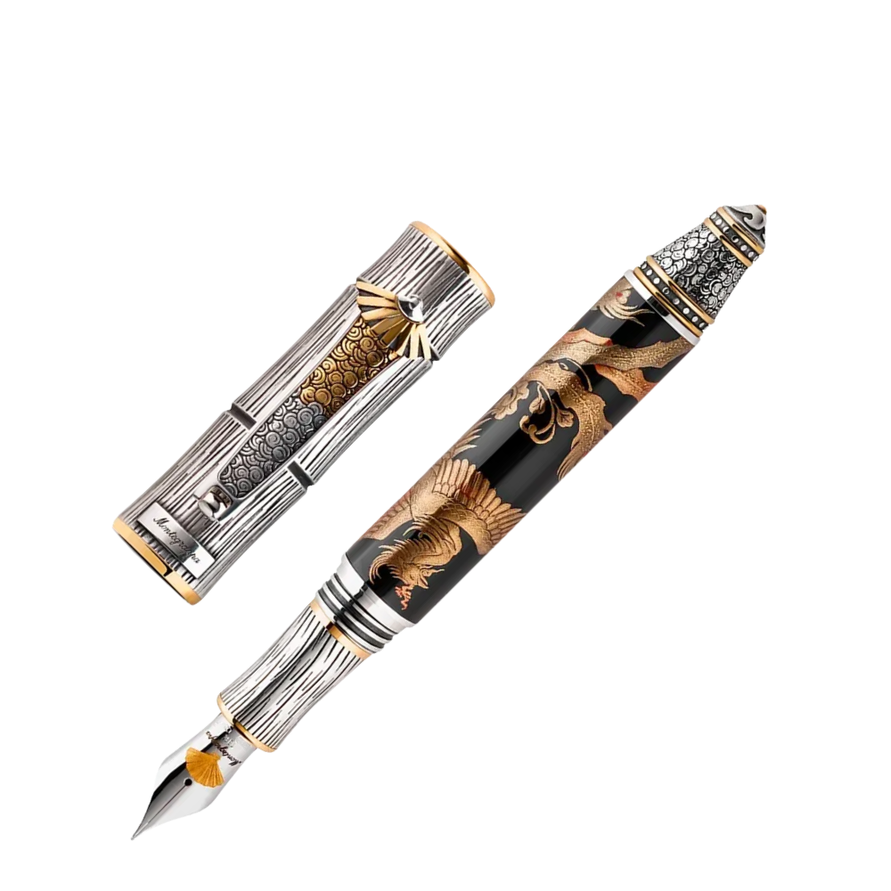 Side view of the Montegrappa Kitcho Phoenix Füllfederhalter, featuring the sterling silver trim and elaborate phoenix-themed design.