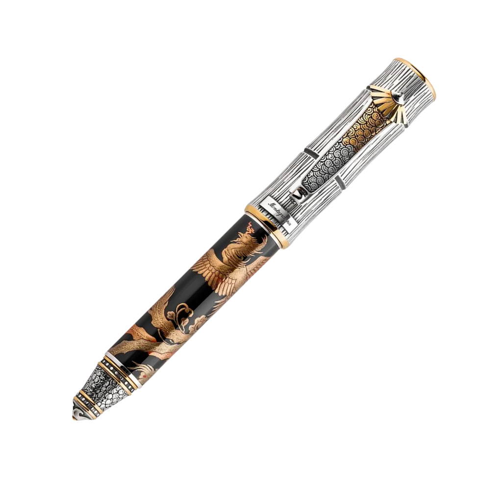 Montegrappa Kitcho Phoenix Füllfederhalter displayed in premium packaging, emphasizing its artistic craftsmanship and luxurious finish.