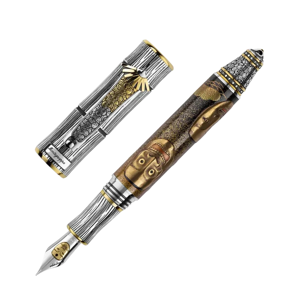 Side view of the Montegrappa Kitcho Noh Masks Deity Füllfederhalter, showcasing the polished sterling silver trim and the striking mask design.