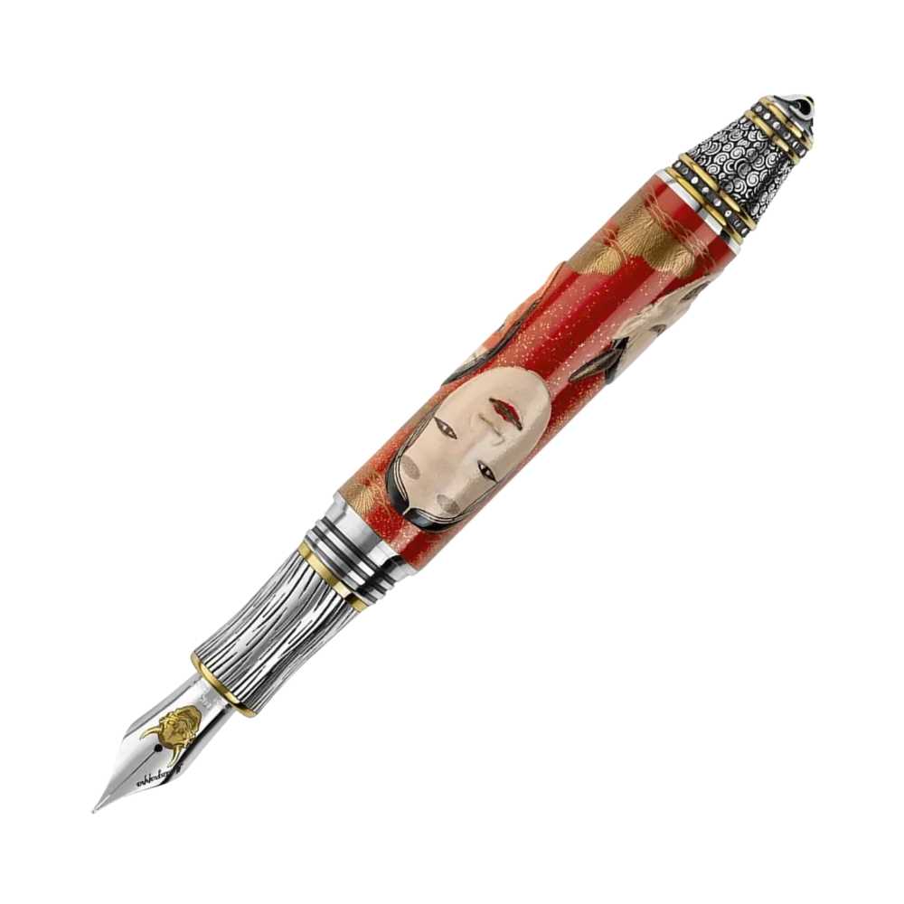 Kitcho Noh Masks Fountain Pen, Woman, displayed in premium packaging, emphasizing its luxurious design and fine craftsmanship.