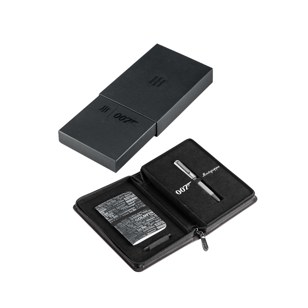 Montegrappa 007 Special Issue Silver Edition Rollerball Pen with a transparent finish and sleek design, resting in its luxury packaging.