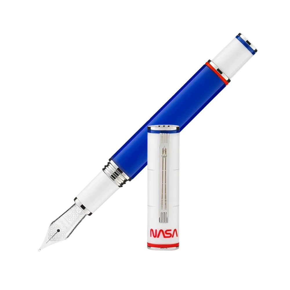 Montegrappa NASA Atlantis Fountain Pen in blue and white, featuring NASA branding and a sleek rocket design, for an out-of-this-world writing experience.