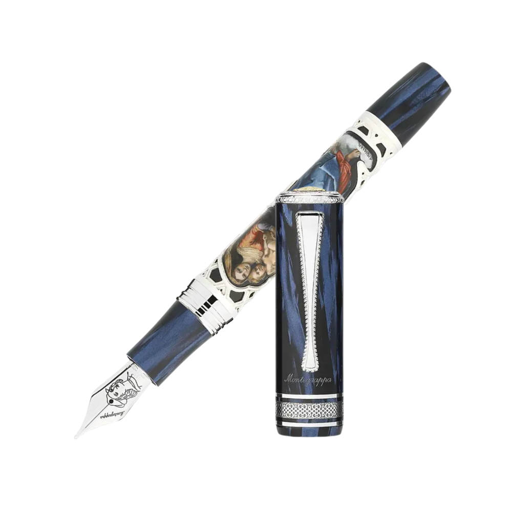 Montegrappa Raffaello 500th Anniversary Saint Catherine of Alexandria Füllfederhalter featuring a detailed sterling silver and celluloid design.