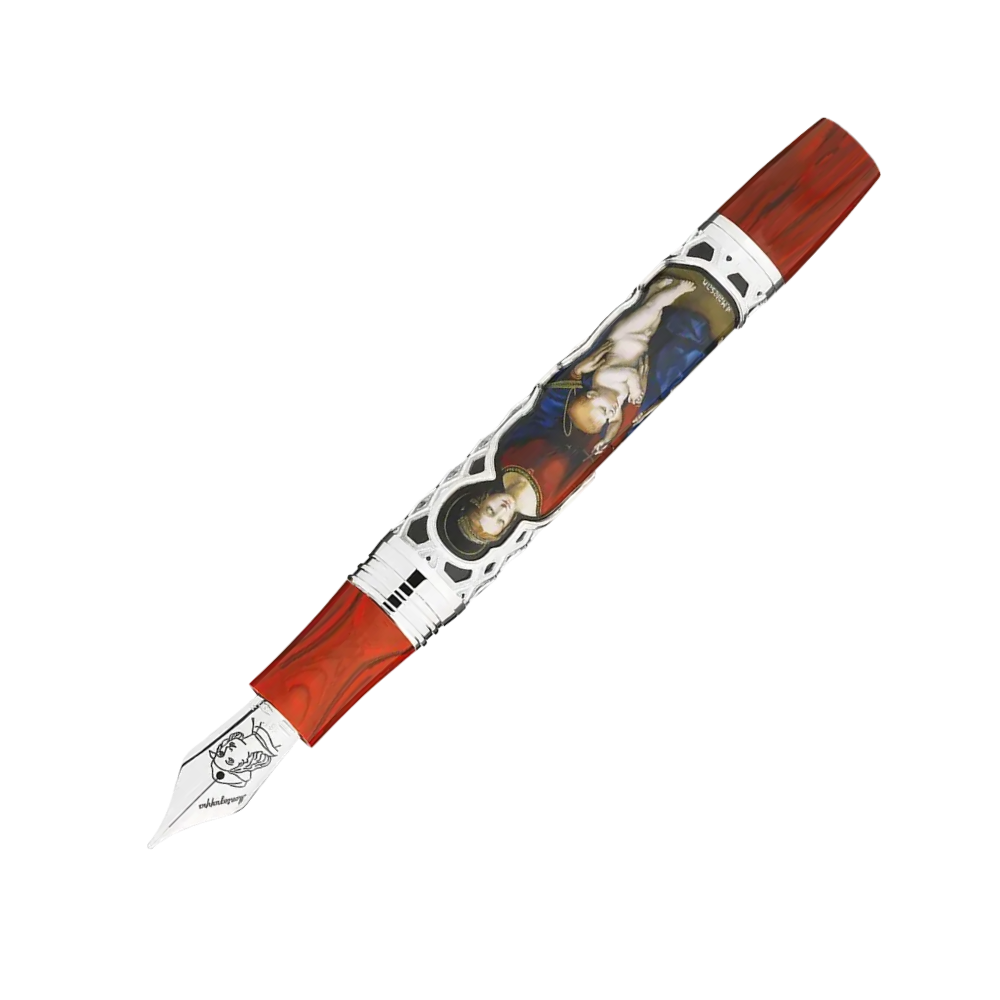 Side view of the Montegrappa Raffaello 500th Anniversary Saint Catherine of Alexandria Füllfederhalter with sterling silver trim and fine detailing.