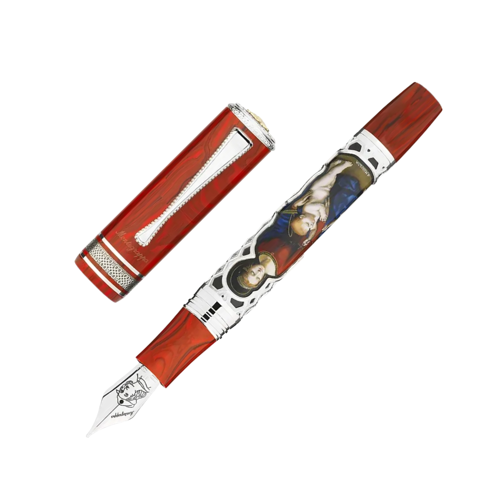Side view of the Montegrappa Raffaello 500th Anniversary Saint Catherine of Alexandria Füllfederhalter with sterling silver trim and fine detailing.