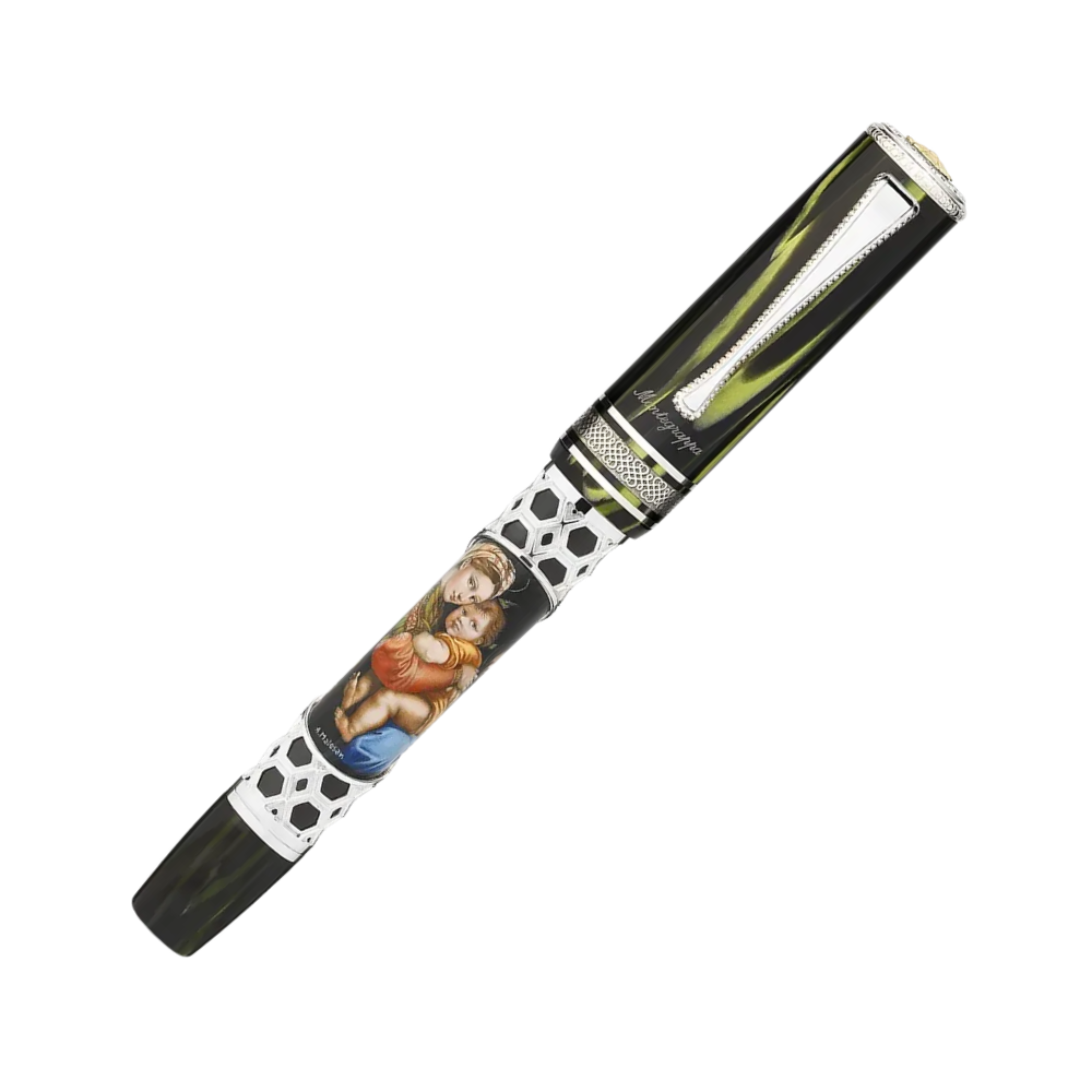Montegrappa Raffaello 500th Anniversary Madonna della Seggiola Füllfederhalter displayed in a luxurious box, highlighting its elegant design.