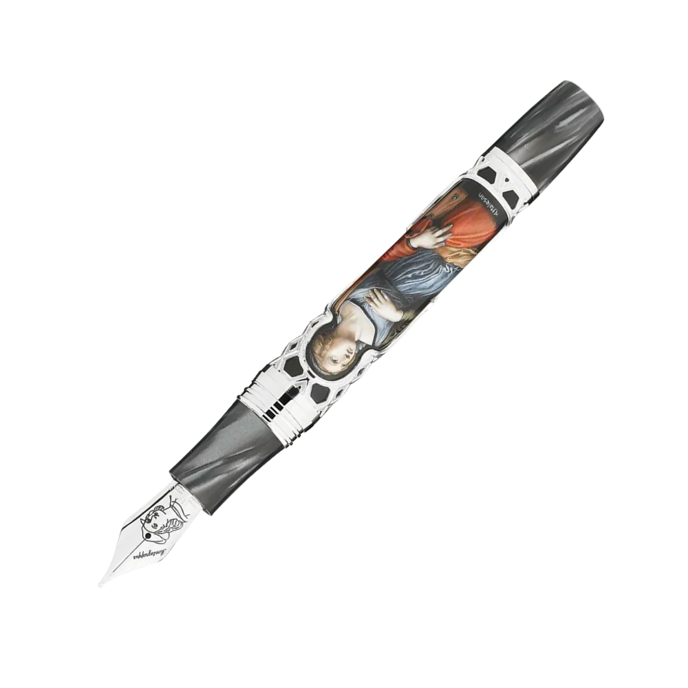 Close-up view of the Montegrappa Raffaello 500th Anniversary Saint Catherine of Alexandria Füllfederhalter, showcasing the intricate artwork and 18k gold nib.