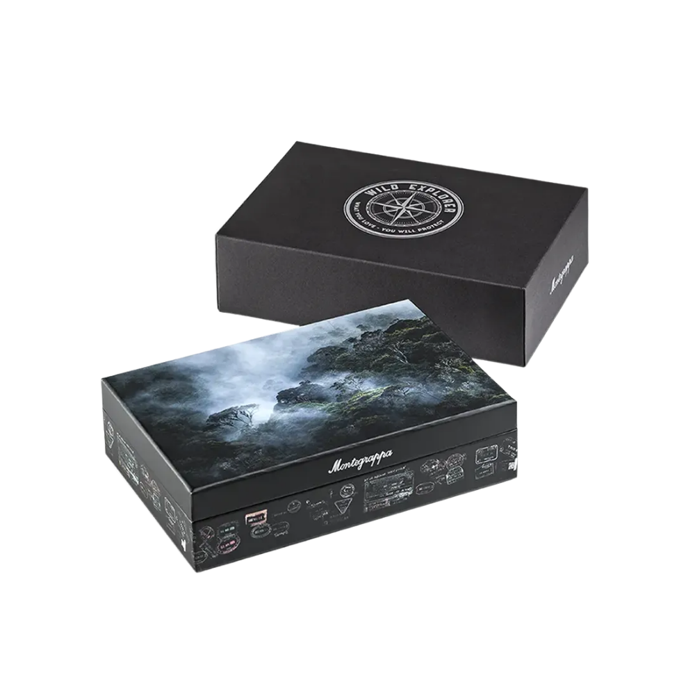 Montegrappa Wild Arctic Kugelschreiber with a blue Montegrappite resin barrel and stainless steel clip, resting in a premium gift box.