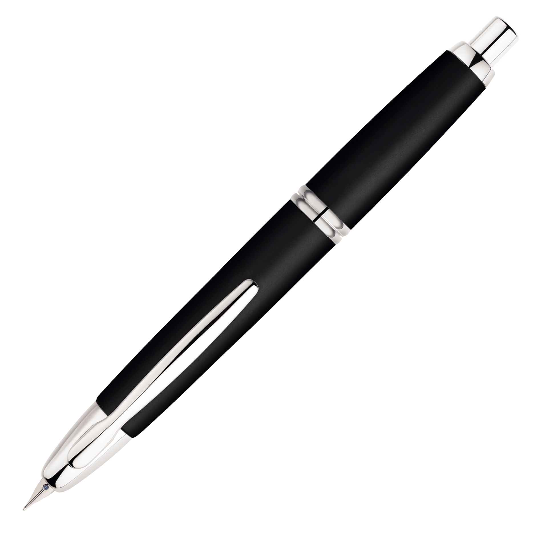 "Pilot Capless Rhodium Füllfederhalter in mattem Schwarz mit Rhodium-Akzenten, 18K Goldfeder und praktischem Klickmechanismus"