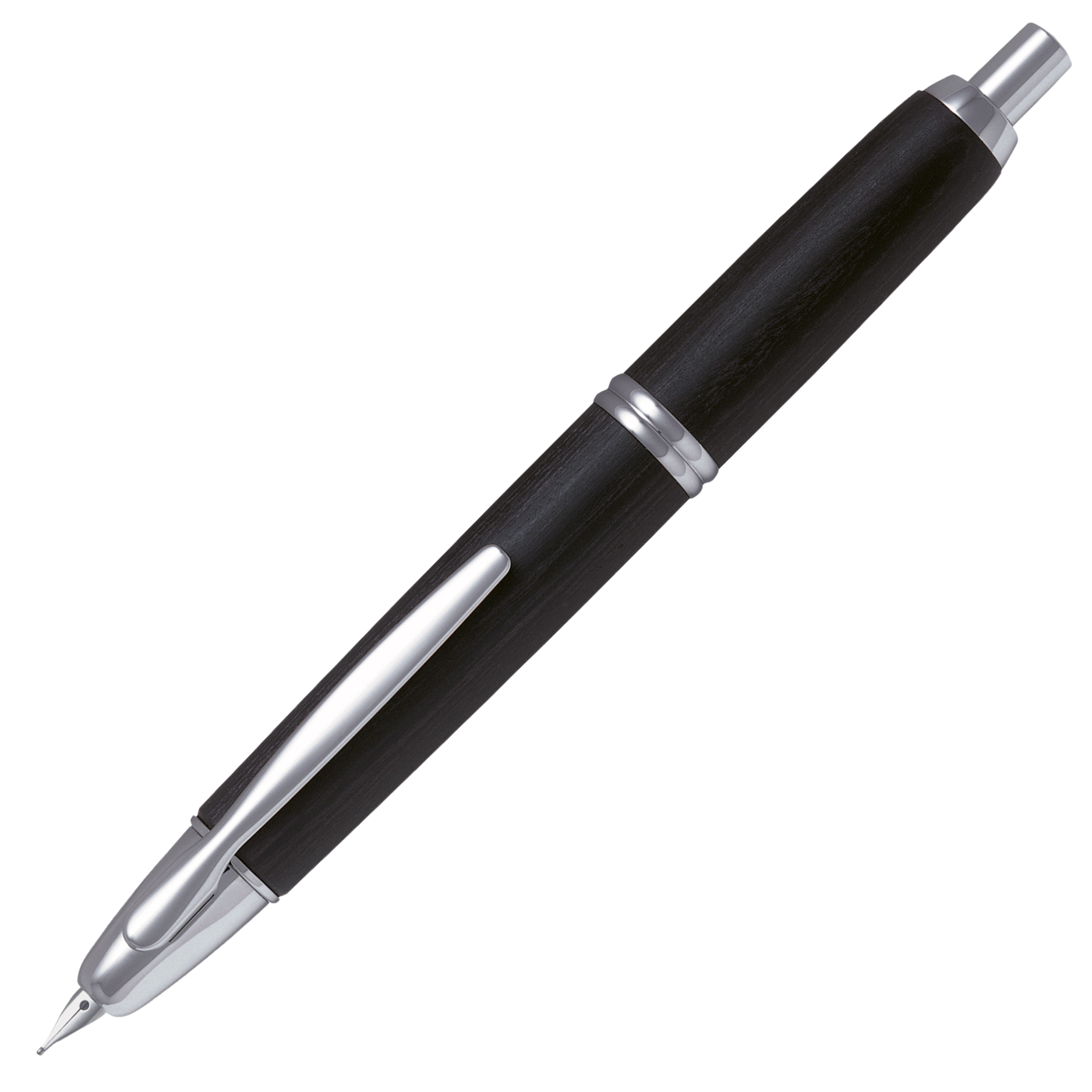 "Pilot Capless Rhodium Füllfederhalter mit Holzoberfläche in Schwarz, silberne Akzente und 18K Goldfeder, praktischer Klickmechanismus"