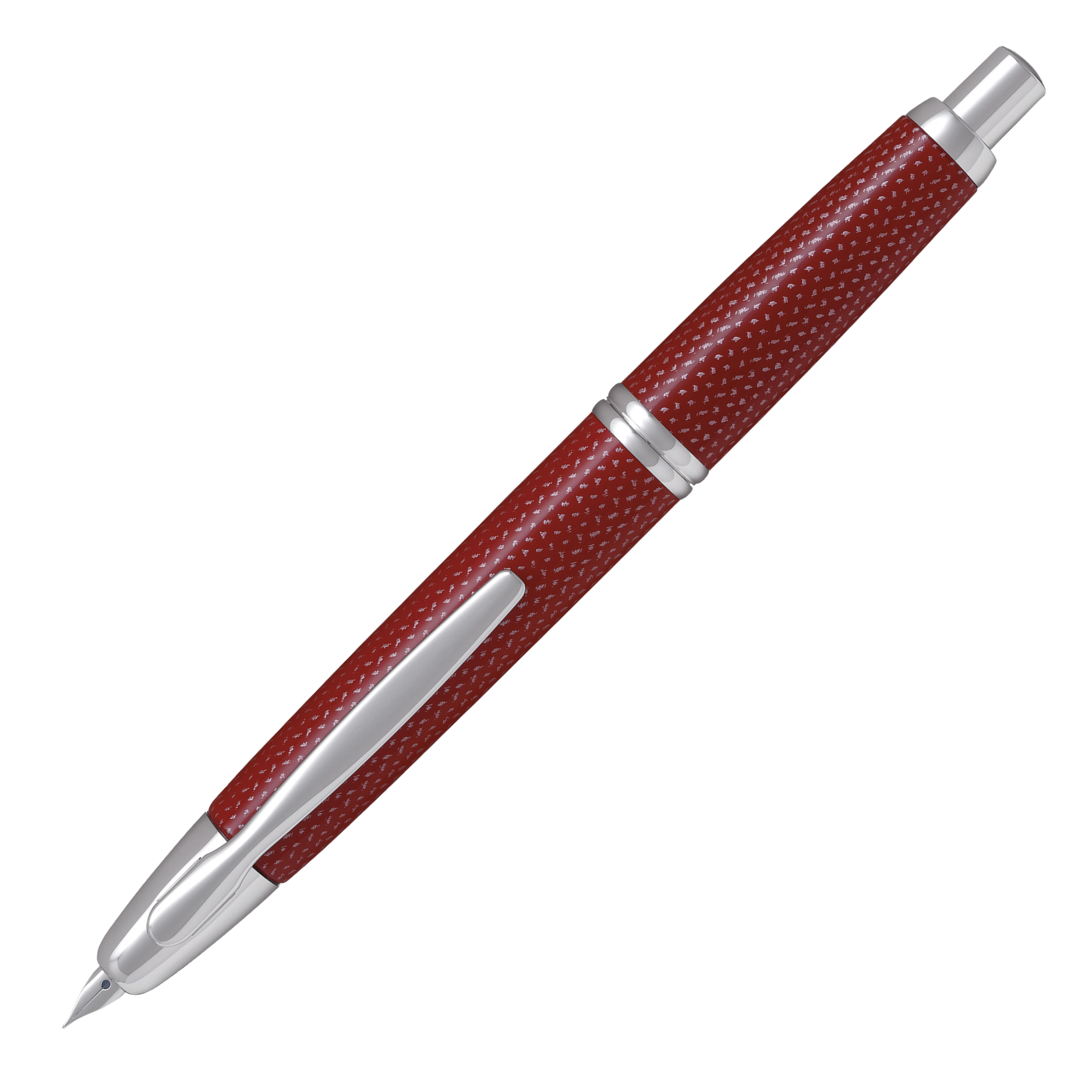 "Pilot Capless Rhodium Füllfederhalter in Rot mit Rillenstruktur und silbernen Akzenten, 18K Goldfeder und praktischer Klickmechanismus"