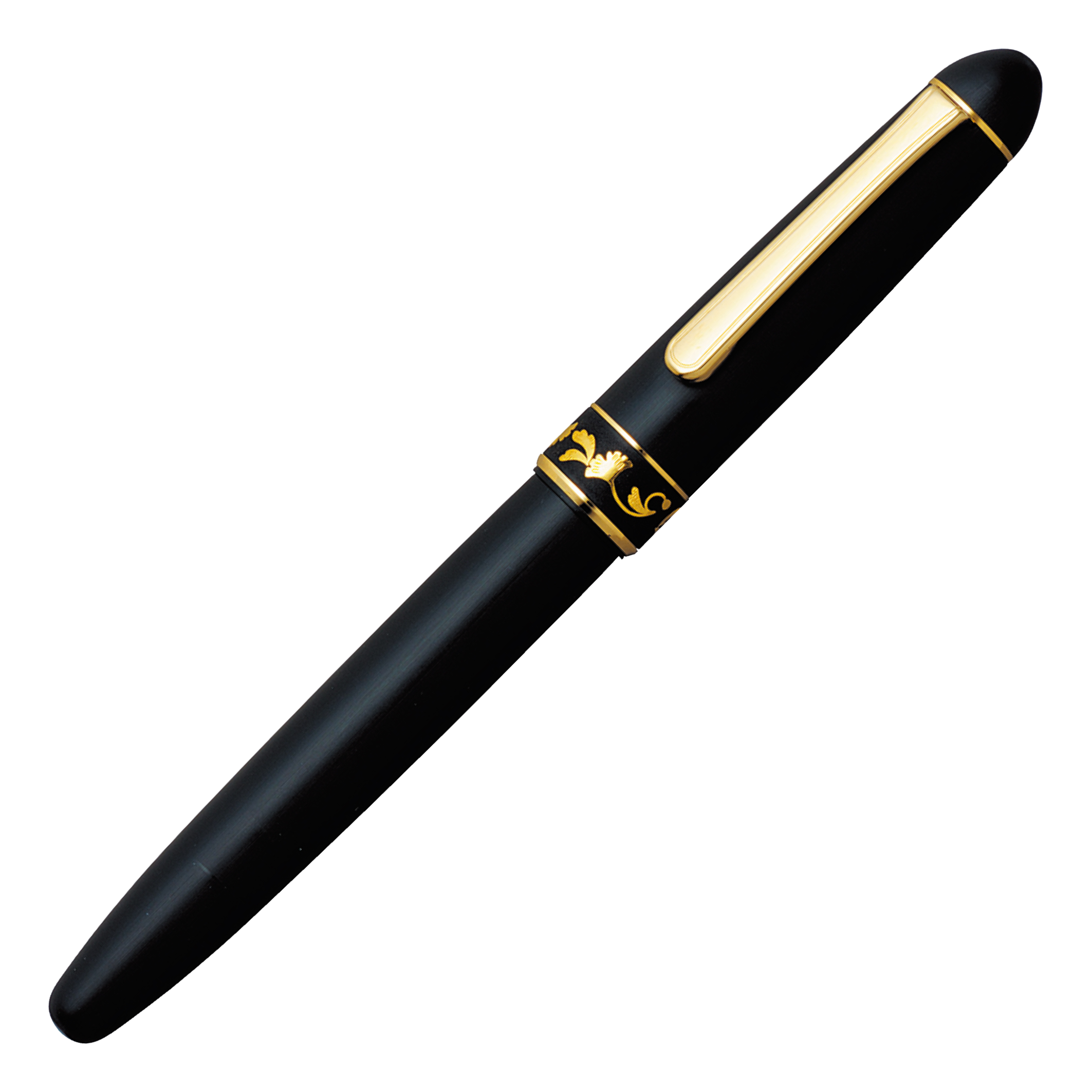"Pilot Capless Rhodium fountain pen with a matte black body and gold accents, featuring a floral gold band near the cap."