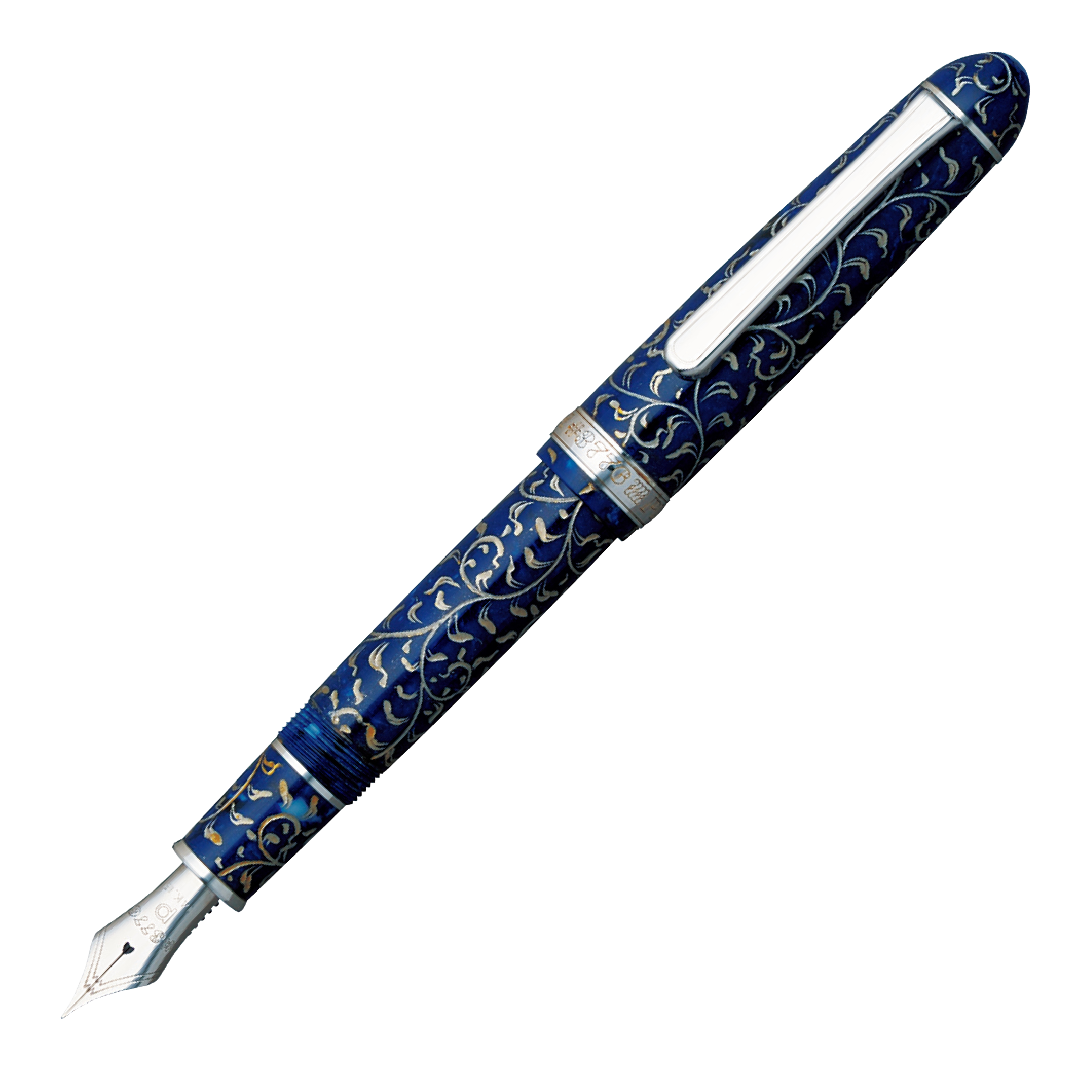 "Pilot Capless fountain pen with a deep blue body featuring intricate silver floral engravings, accented with a silver band near the cap."