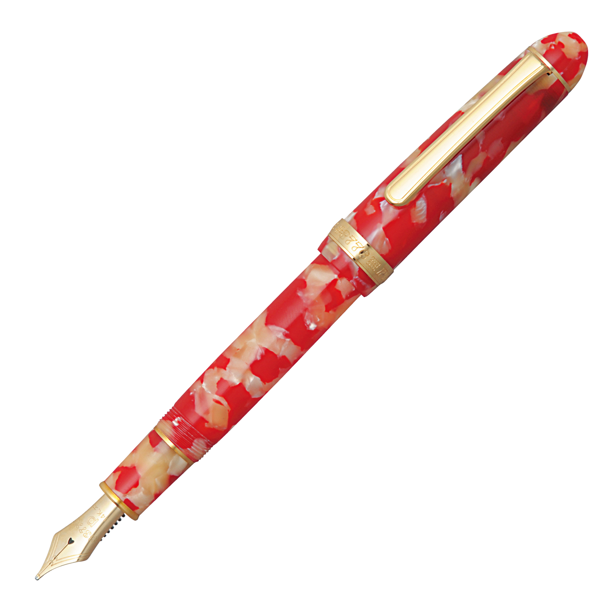 "Pilot Capless fountain pen with a vibrant red and white marbled resin body, accented with a gold band and clip near the cap."